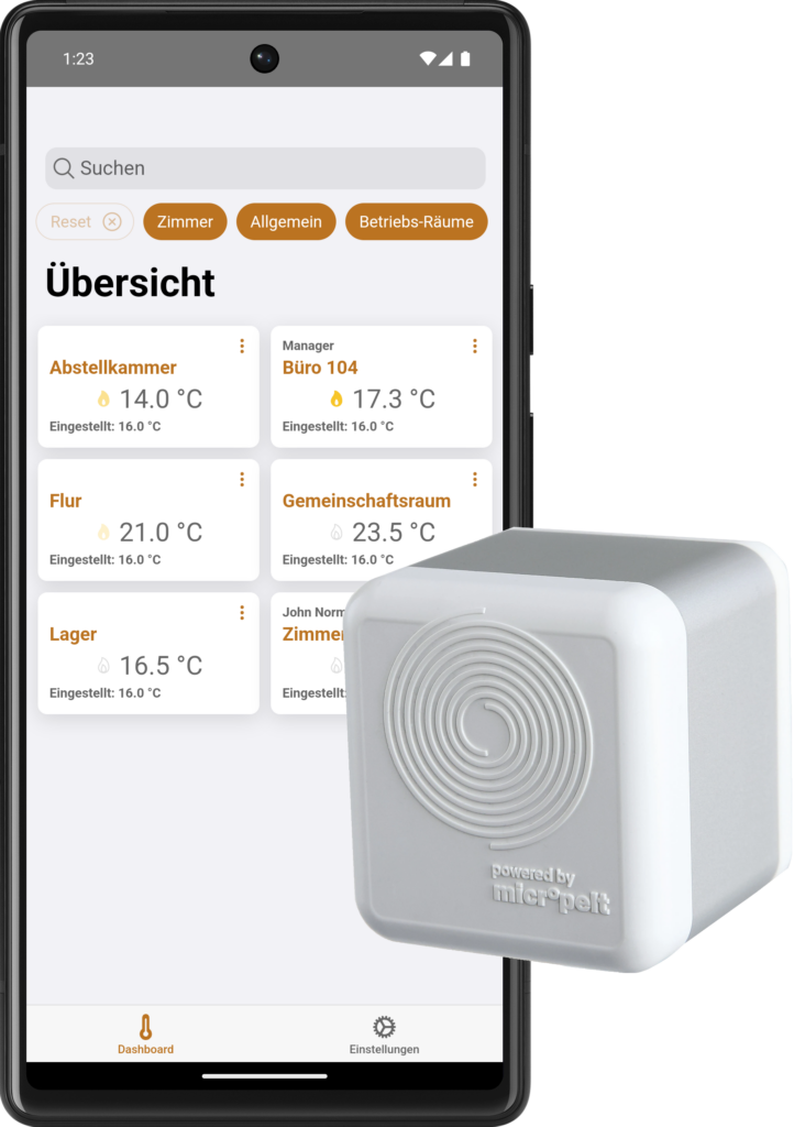 Dashboard der App Templado auf einem Google Pixel mit einem MLR003 Heizkörper Thermostat im Vordergrund
